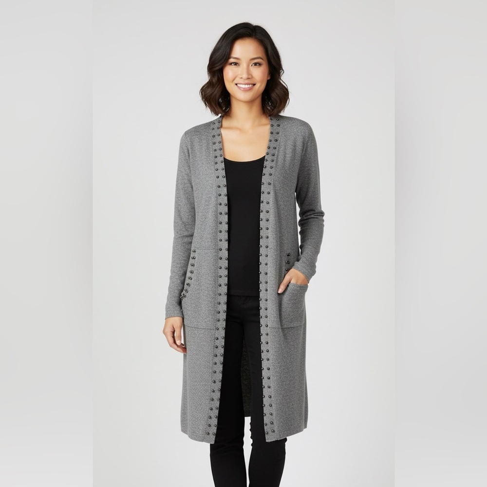Coin 1804 Beaded Long Cardigan Sweater Duster Pockets Stretch Soft Lightweight L